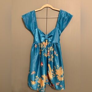 Y2k Babydoll blue satin Indonesian print dress size S